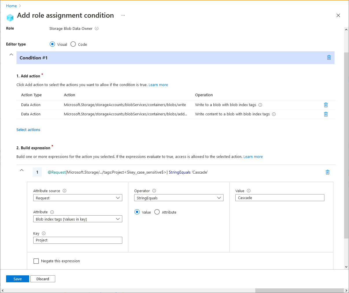 Screenshot of example 2 condition 1 editor in Azure portal.