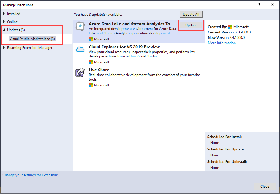 Visual Studio extensions and updates