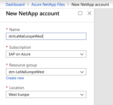 Screenshot that shows selections for creating a NetApp account.