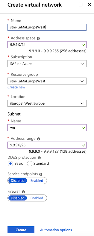 Screenshot that shows selections for creating a virtual network for Azure NetApp Files.