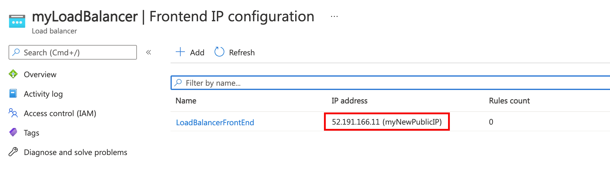 负载均衡器的“前端 IP 配置”页的屏幕截图，其中显示了新的公共 IP 地址。
