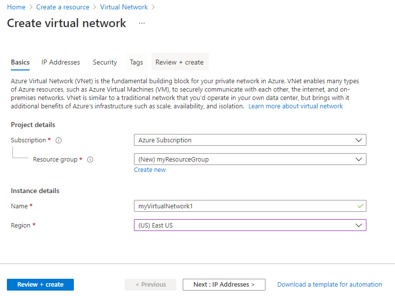 Screenshot of create virtual network basics tab.