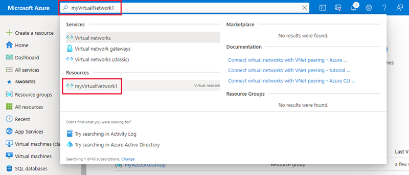 Screenshot of searching for myVirtualNetwork1.