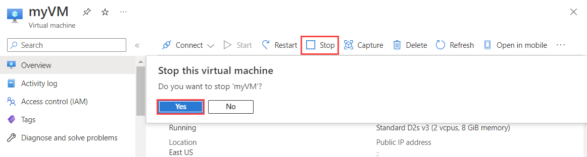 Screenshot of stop a virtual machine in Azure portal.
