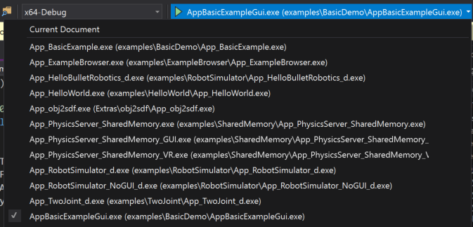 Screenshot of the Visual Studio toolbar launch drop-down. AppBasicExampleGui.exe is selected, but other options are visible such as App_ExampleBrowser.exe, App_HelloWorld.exe, and others.