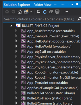 Screenshot of the Solution Explorer CMake targets view. It contains an entry called BULLET_PHYSICS Project, under which are entries like App_BasicExample (executable), App_ExampleBrowser (executable), and so on.