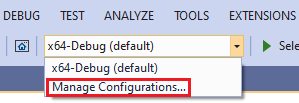 Screenshot of the CMake configuration drop-down. Manage Configurations is highlighted.