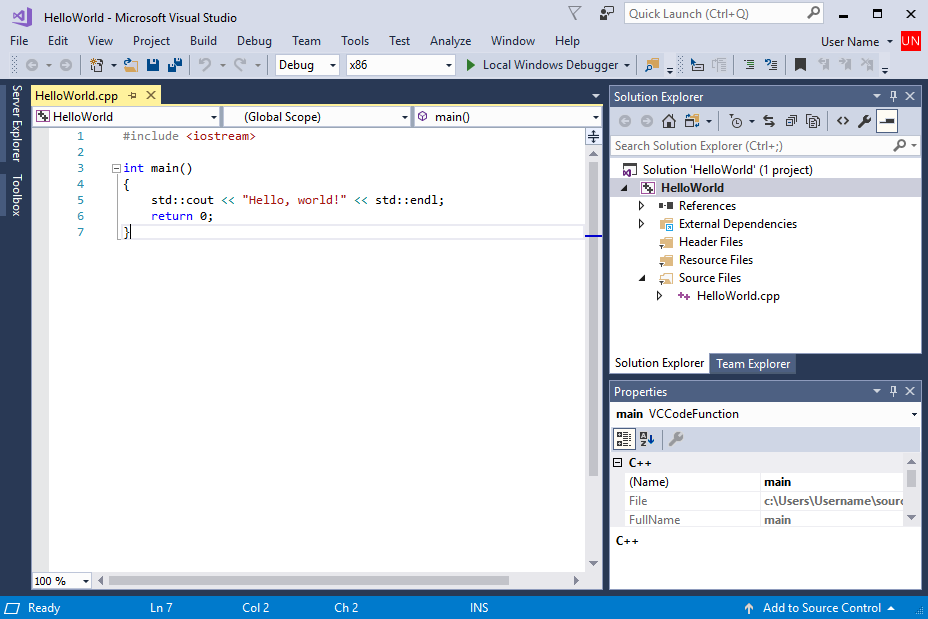Visual Studio 的屏幕截图，显示了编辑器中的 Hello World 源代码。