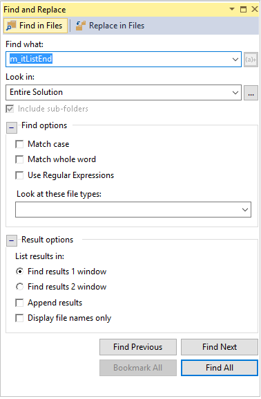 “查找和替换”对话框的屏幕截图。选择了“在文件中查找”页。显示了用于大小写、全字匹配等的选项。