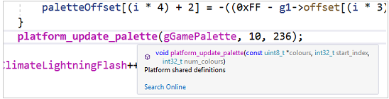Screenshot of the Quick Info tooltip displaying the definition of a function that the user is hovering over in the code window.