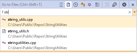 “转到文件”结果的屏幕截图。用户键入了“f str”但显示 string_utils.cpp 和 string_utils.h，因为它们在名称中包含 str。