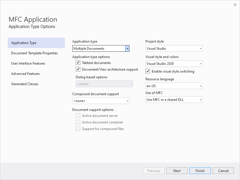 Screenshot of the MFC Application wizard in Visual Studios 2022.