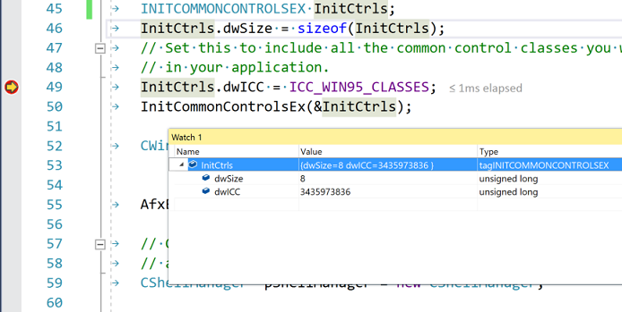 Screenshot of a debugging session.