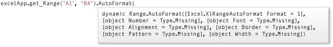 显示 AutoFormat 方法的 IntelliSense 快速信息的屏幕截图。