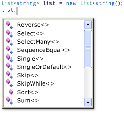 显示 Intellisense 中的所有标准查询运算符的屏幕截图。