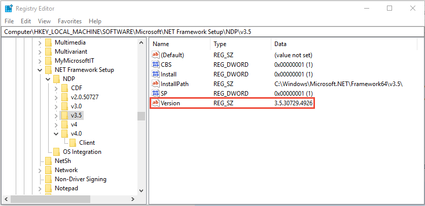 .NET Framework 3.5 的注册表项。