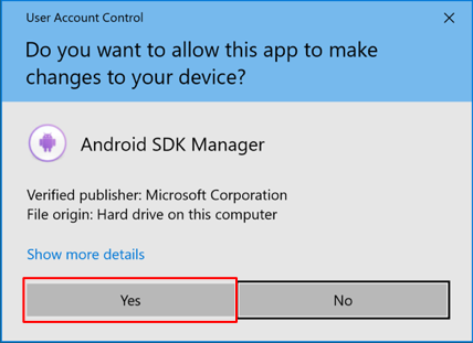 Android SDK license user account control dialog.