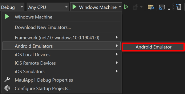 选择 .NET MAUI 的 Android 模拟器调试目标。