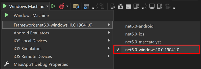 Select the Windows Machine debugging target for .NET MAUI.