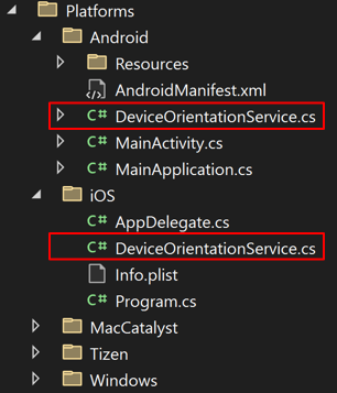 DeviceOrientationService classes in their Platforms folder screenshot.