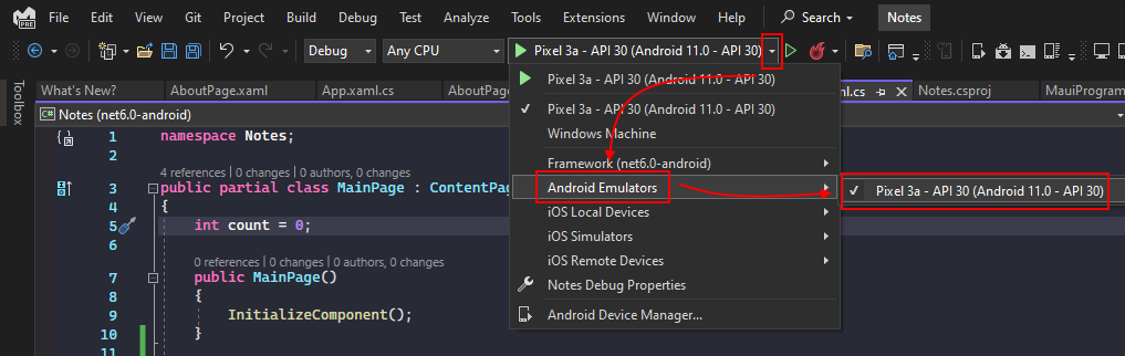 在 Visual Studio 中为 .NET MAUI 应用选择 Android 调试目标。