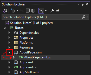 Visual Studio 中“解决方案资源管理器”窗口的图像，其中红色框突出显示了展开图标。