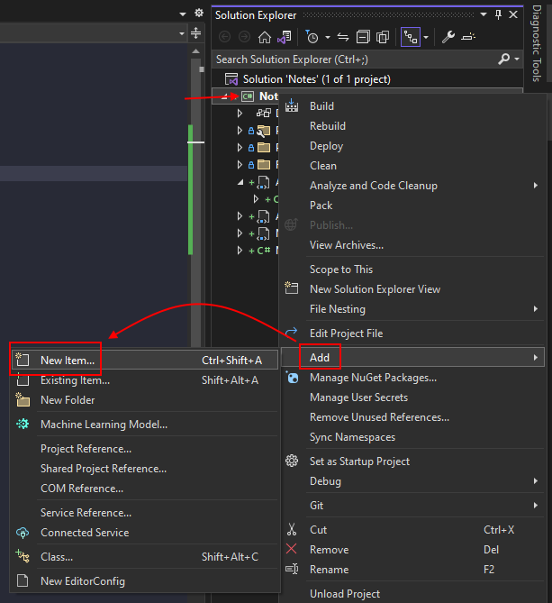 右键单击 Visual Studio 中的项目并选择“新建项”。
