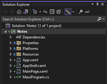 在 Visual Studio 中显示 .NET MAUI 项目文件的解决方案资源管理器。