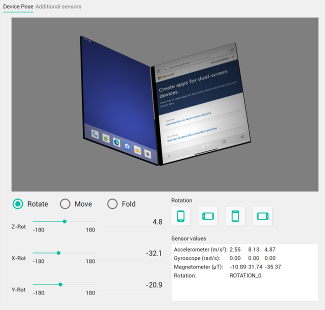 显示 Surface Duo 模拟设备的“设备姿态”预览窗口