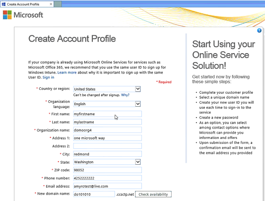 “创建帐户配置文件”页的屏幕截图，其中包含示例信息。