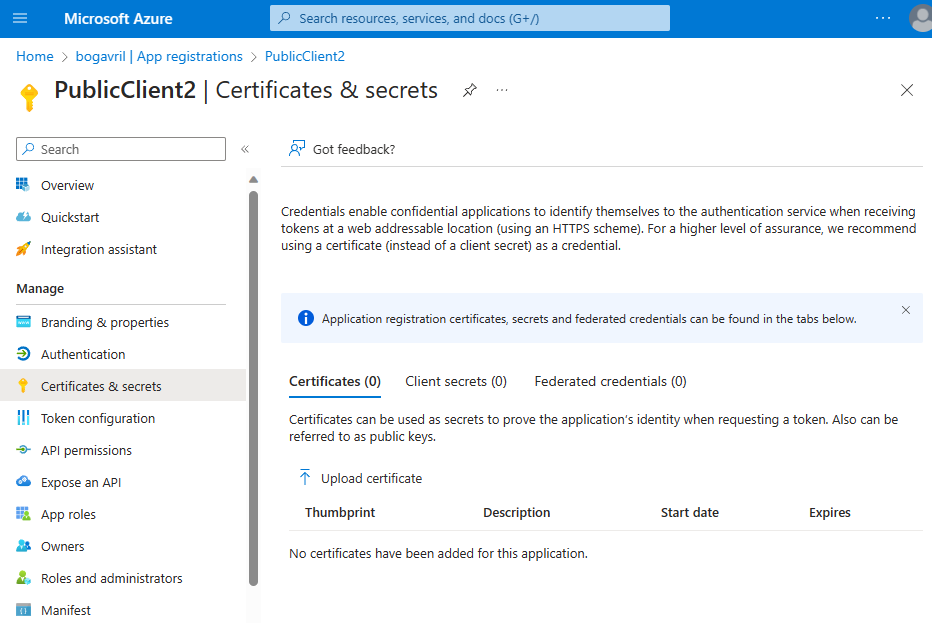Certificates & secrets view in the Azure Portal