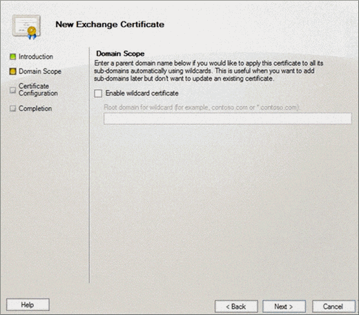 Exchange 2010 的“新建 Exchange 证书”向导上的“域范围”页。