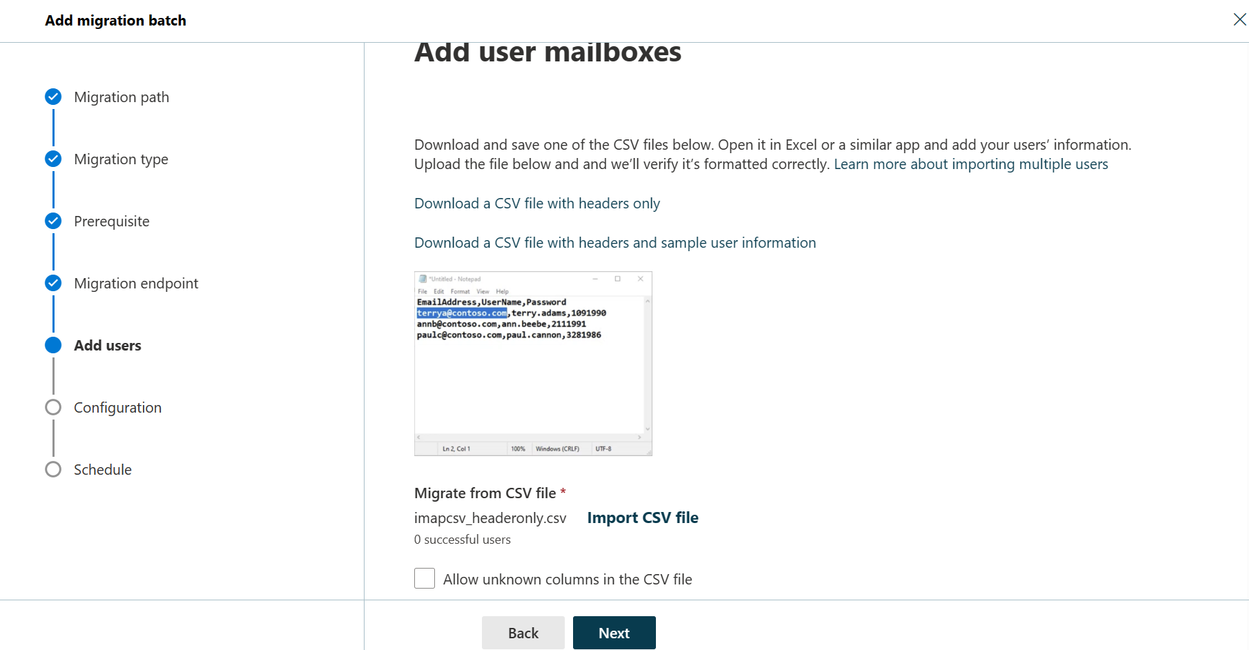 “添加迁移批处理向导”第五步的屏幕截图，用户可以在其中添加用户邮箱。