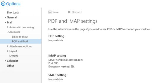 Outlook 网页版中的 IMAP 设置。
