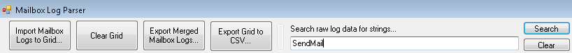 屏幕截图：在“搜索字符串的原始日志数据”部分下输入 SendMail，然后选择“搜索”选项。