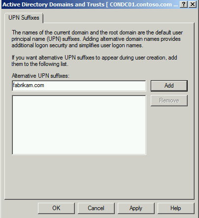 “Active Directory 域和信任”窗口中“U P N 后缀”选项卡的屏幕截图。