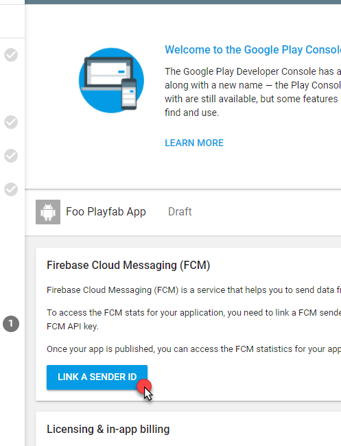 Google Play - FCM 面板 - 关联发送方 ID