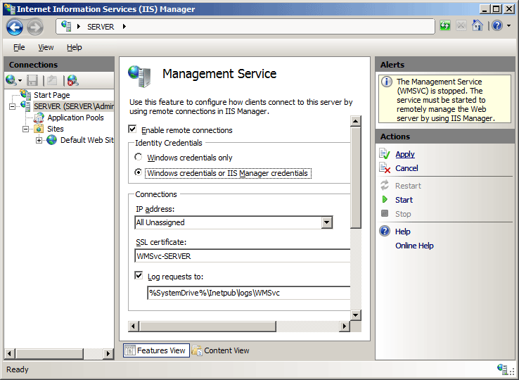 Screenshot of Management Service page showing the Apply option in the Actions pane.