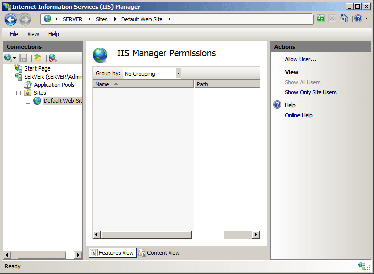 Screenshot of the I I S Manager Permissions screen showing the Allow User option in the Actions pane.