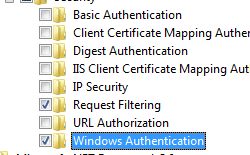 Screenshot of World Wide Web Services and Security pane expanded with Windows Authentication highlighted.