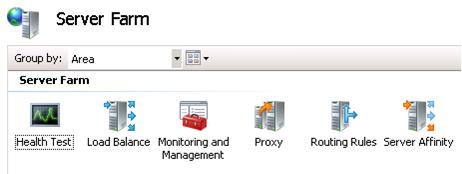 Screenshot of Server Farm. The Health Test icon, the Load Balance Icon, the Monitoring and Management icon, the Proxy icon, the Routing Rules icon, and the Server Affinity icon.