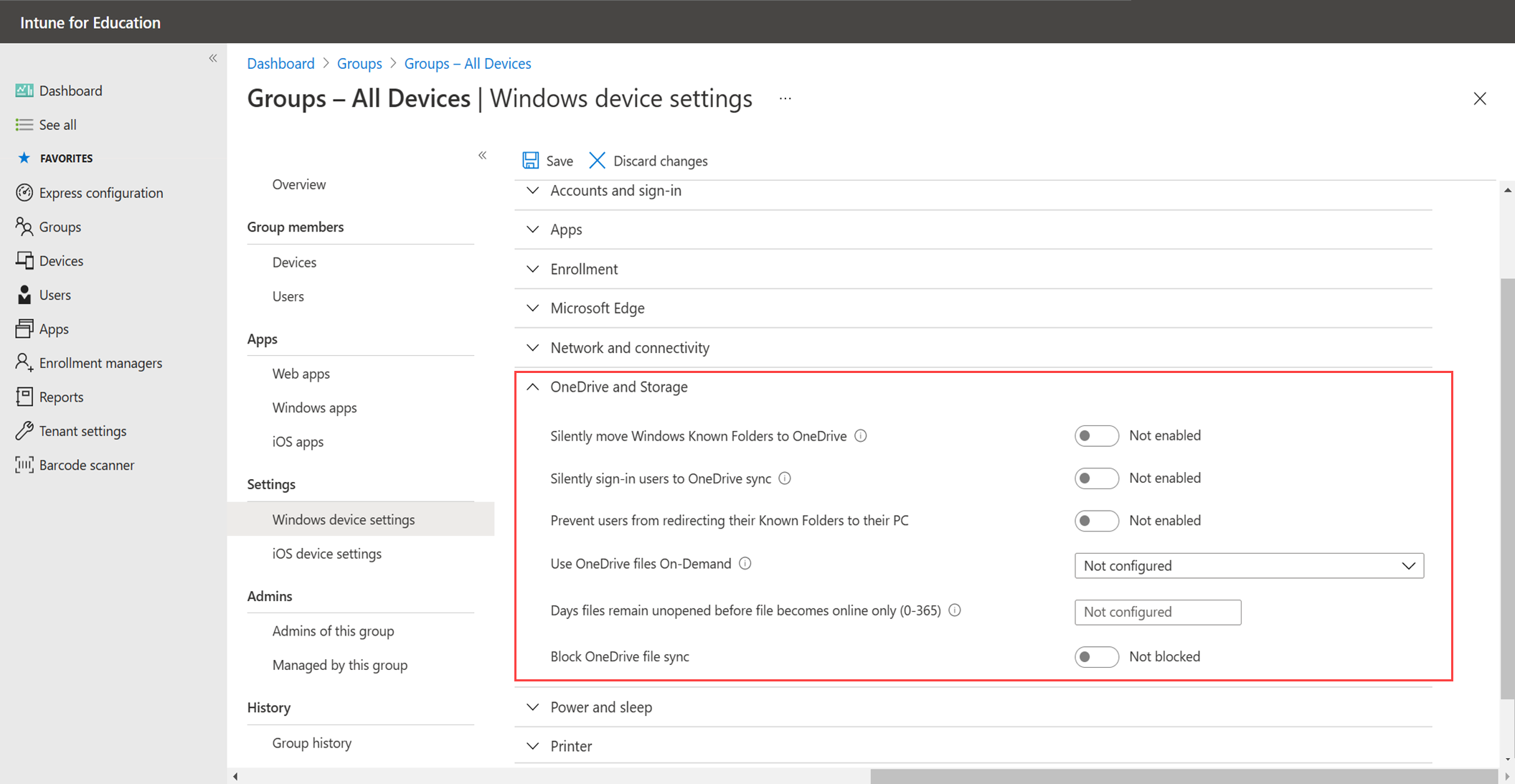在 Widows 设备设置中突出显示新的 OneDrive & 存储类别的示例图像。