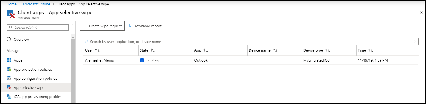 “客户端应用 - 应用选择性擦除”窗格的屏幕截图
