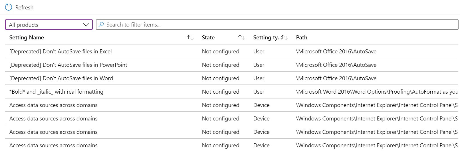 查看设置的示例列表，并使用 Intune 管理中心和Microsoft Intune中的上一个和下一个按钮。