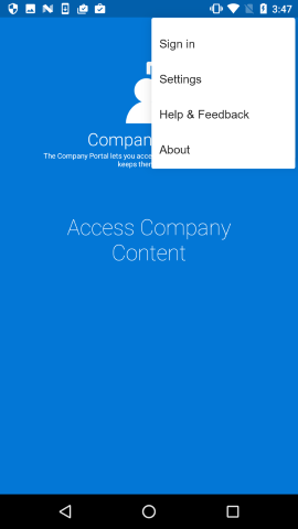 另一个 Android 公司门户应用的图像，其中显示了屏幕右上角的菜单，含有一个用于继续注册设备的选项。