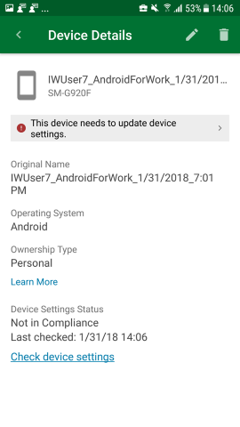 屏幕截图显示适用于 Android 的公司门户应用，更新后的“设备详细信息”屏幕。