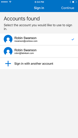 帐户选择器的图像，其中显示了测试用户“Robin Swanson”在其两个电子邮件地址之一之间进行选择。两个地址下方有一个按钮，允许用户使用其他帐户登录。