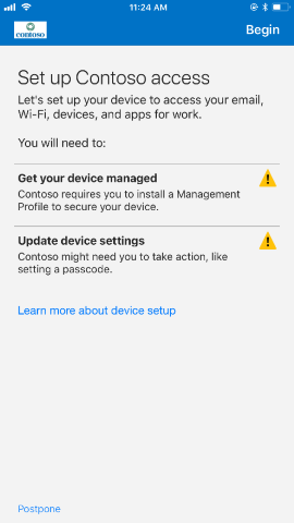 屏幕截图显示更新后的适用于 iOS/iPad OS 的公司门户应用，“设置访问权限”屏幕。