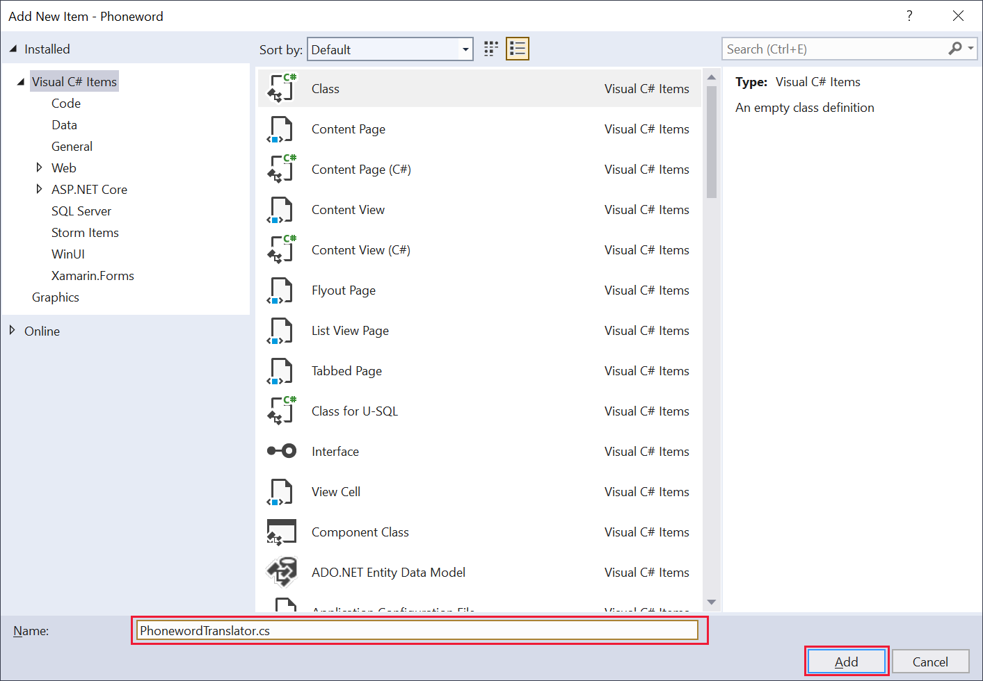 A screenshot of the Add new item dialog box. The user has named the class file PhonewordTranslator.cs