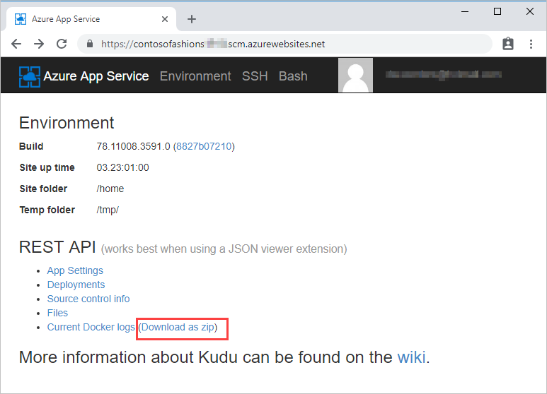 Screenshot of Kudu's user environment page with a callout highlighting the link to download a zip file containing the current Docker logs.